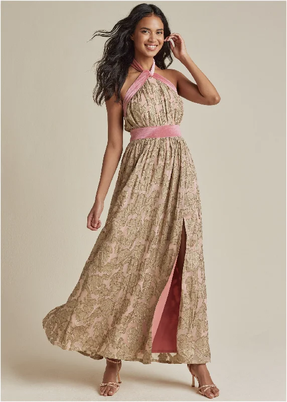 Loose tunic dress-Jacquard Halter Gown - Blush