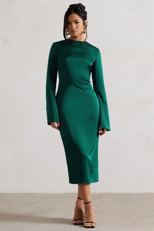 Layered bohemian dress-Zaina | Bottle Green Long Sleeve Midi Dress with High Neckline