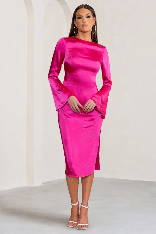 Grunge ripped dress-Zaina | Hot Pink Long Sleeve Midi Dress with High Neckline