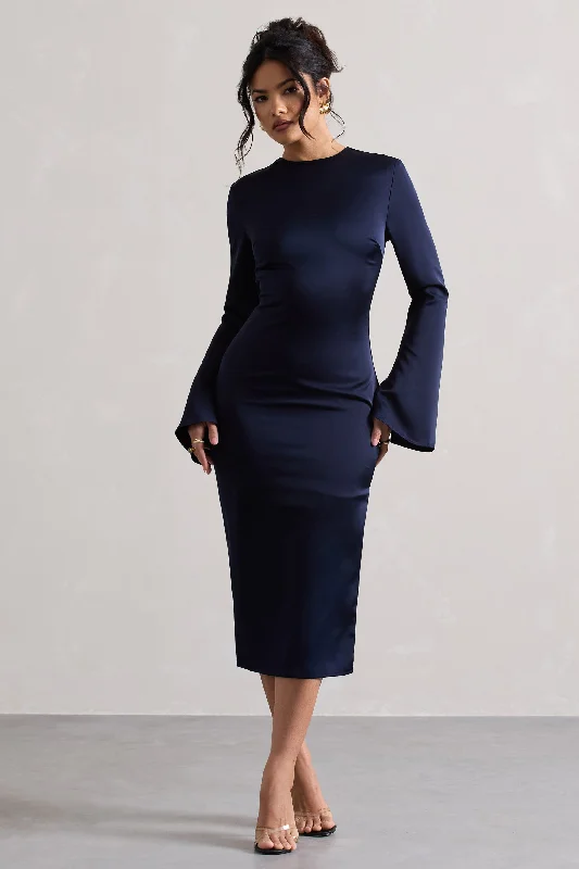 Handmade knit dress-Zaina | Navy Long Sleeve Midi Dress with High Neckline