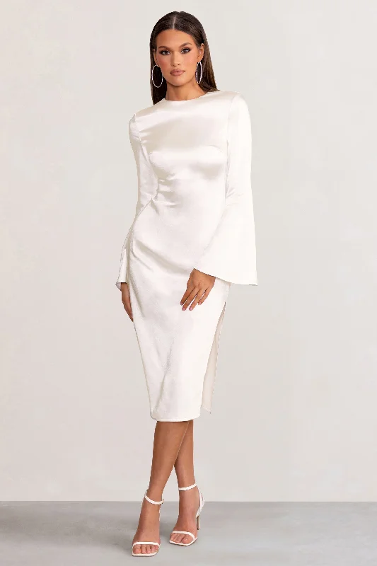 Custom embroidered dress-Zaina | White Long Sleeve Midi Dress with High Neckline