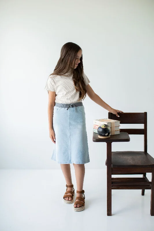 Airy chiffon skirt-'Ava' Girl Knit Denim Skirt in Light Wash