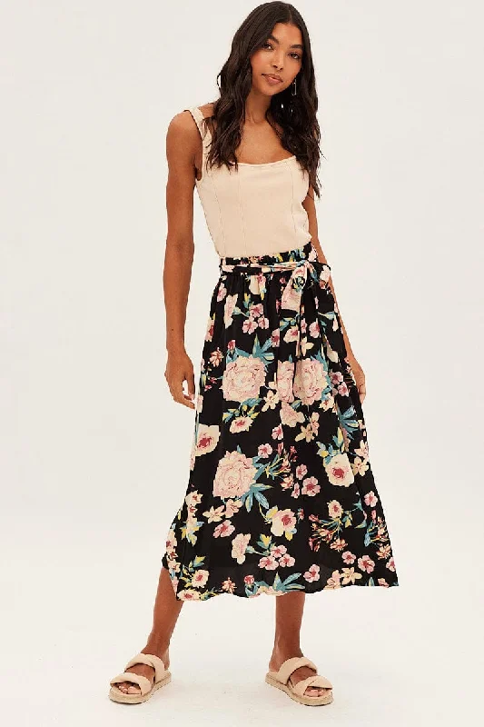 Chevron casual skirt-Black Floral High Waist Front Slit Floral Midi Skirt