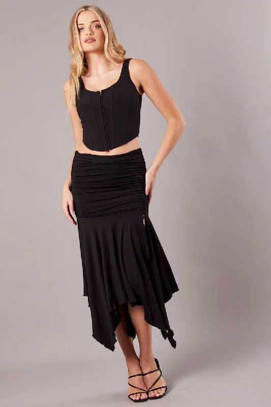 Broomstick retro skirt-Black Handkerchief Midi Asymmetric Skirt