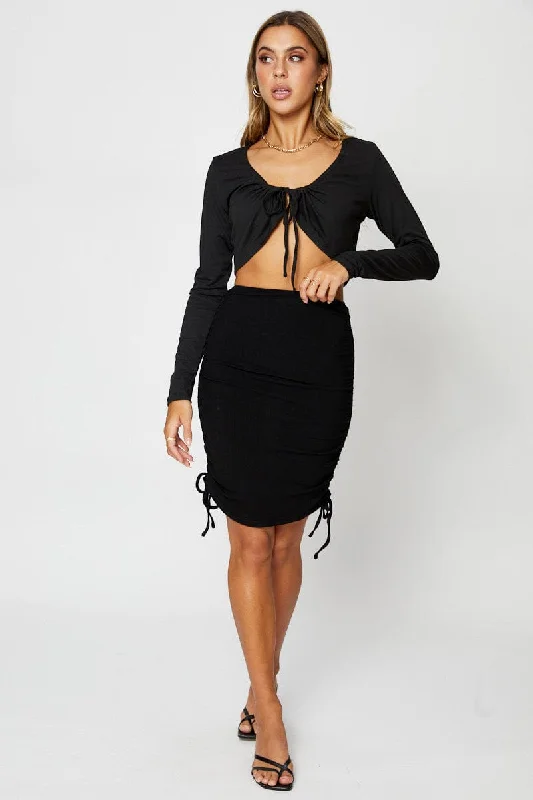 Preppy pleated skirt-Black High Waist Side Ruched Bodycon Skirt