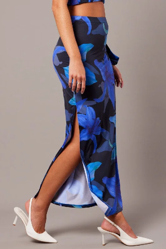 Side-slit pencil skirt-Blue Floral Maxi Skirt Tube Side Split Skirt