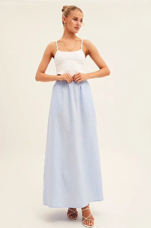 Ruched trendy skirt-Blue Maxi Skirt Linen Blend Side Split