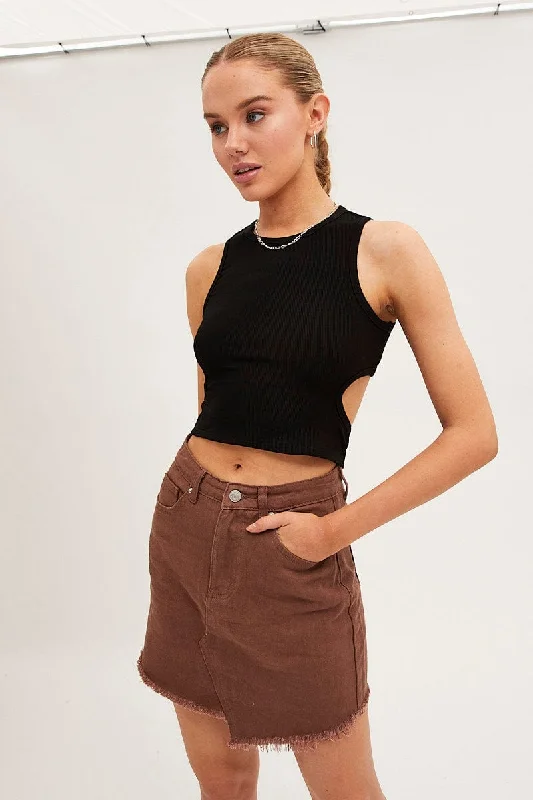 Everyday pencil skirt-Brown Denim Skirt Mini Asymmetric Hem