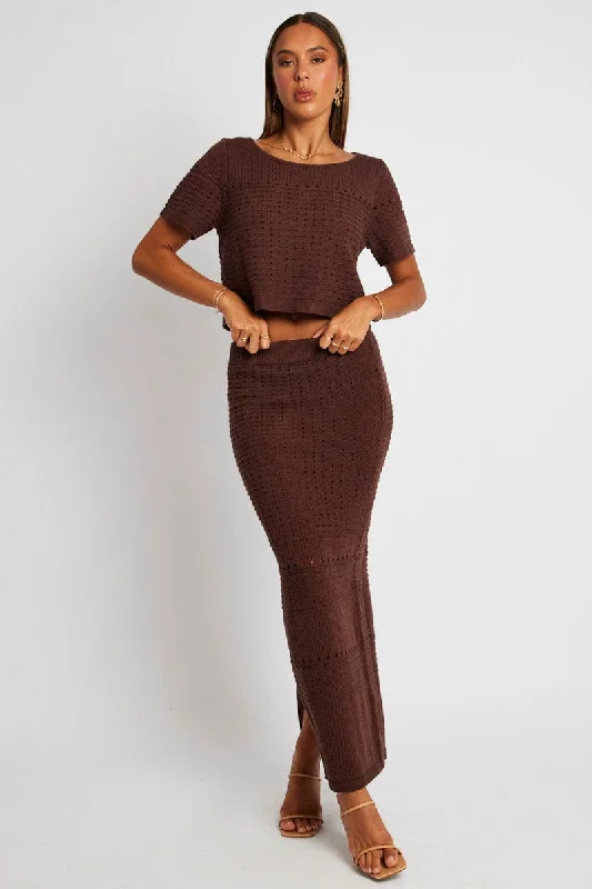 Office sleek skirt-Brown Knit Skirt Crochet High Rise