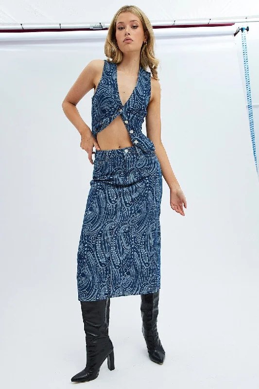 Beaded gala skirt-Denim Midi Skirt Mid Rise Straight Fit Paisley Denim