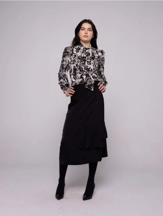 Godet formal skirt-Edera by Ivee Black Satin Ruffle Skirt 23687