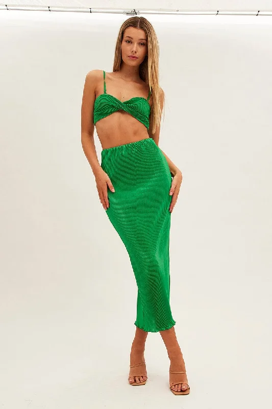 Rose gold trendy skirt-Green Plisse Skirt Maxi High Rise