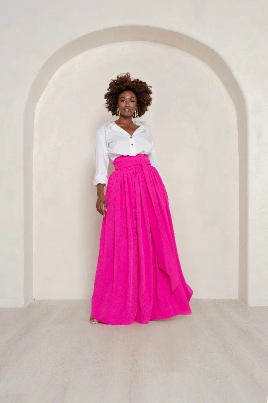 Applique party skirt-Neon Pink High Waist Belted Maxi Skirt- JIBRI