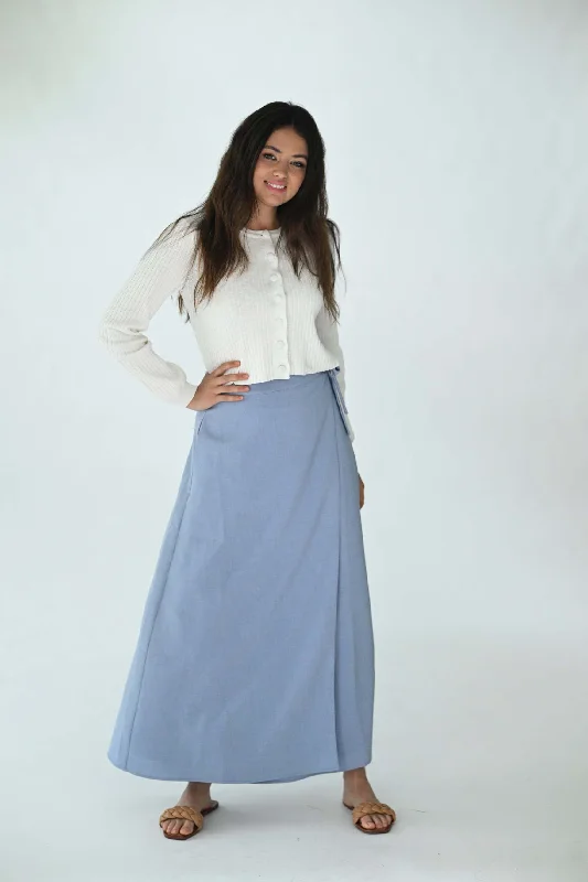 Evening satin skirt-Latitude Dusty Blue Wrap Skirt LA189DB