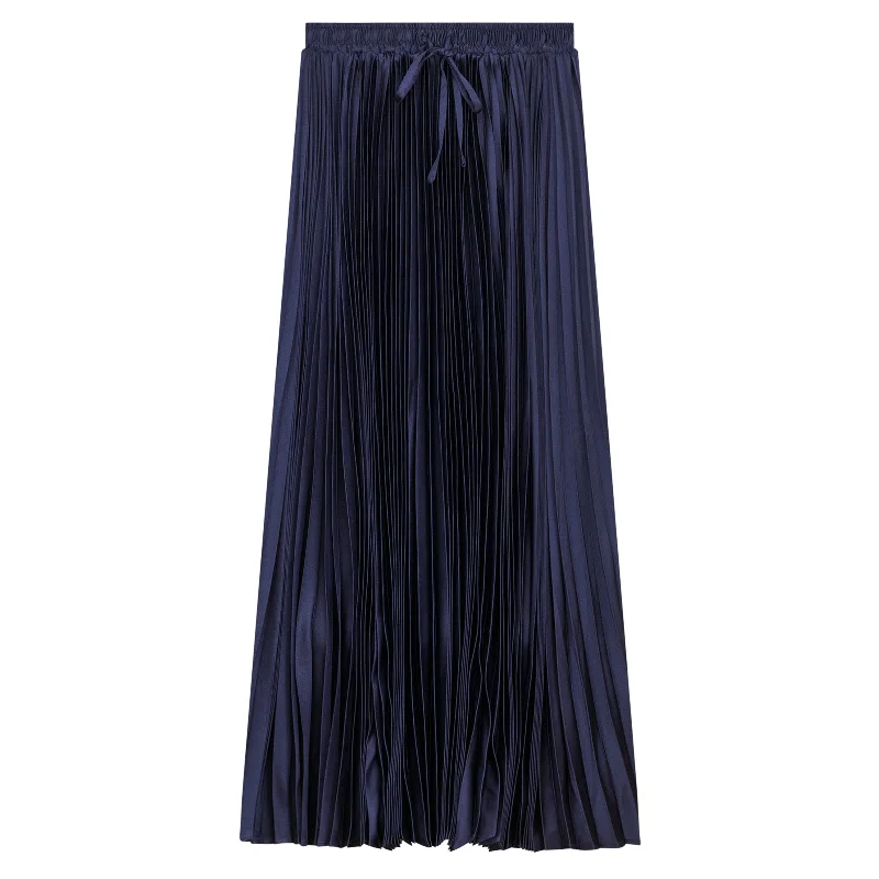 Quilted winter skirt-Mademoiselle Dark Navy Satin Accordion Pleat Skirt SB4CM8754SM