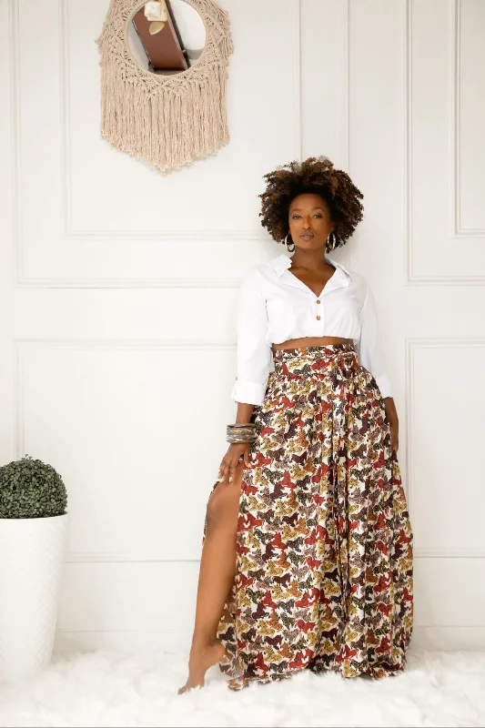 Retro floral skirt-Red Zebra High Waist Belted Maxi Skirt- JIBRI