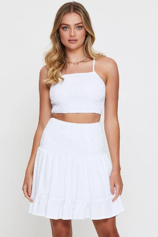 Houndstooth chic skirt-White Shirred Skater Mini Skirt